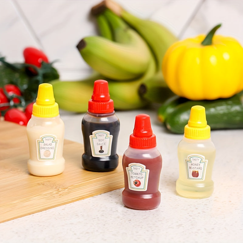 Set of 4 Portable Mini Sauce Bottles - Includes Honey, Ketchup, Mayonnaise, and Oil. Made from Food-Safe Plastic, Perfect for Camping, Office, School Lunches, or Car Sauce Holder.