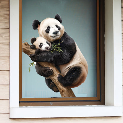 Dual-Sided Window Cling featuring a Realistic Panda Family - Reusable Vinyl Decal with Electrostatic Adhesion for Home and Office Decor