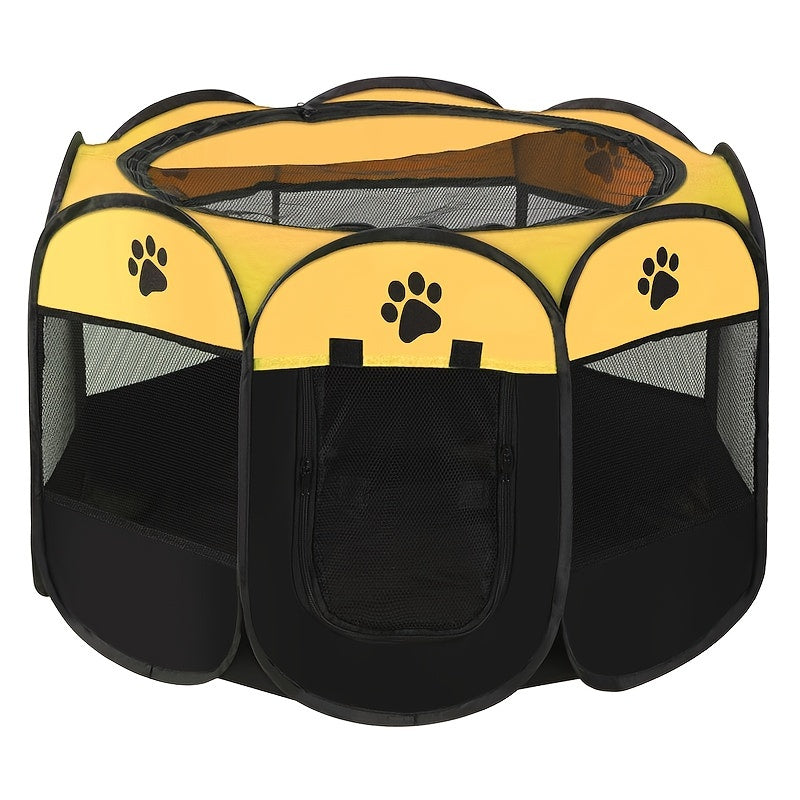 1pc portable Lodge Style Foldable Pet Playpen made of Oxford Cloth with Paw Print Design, easy to assemble and ideal for pets.