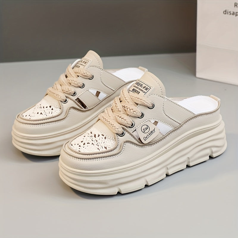 Women's breathable platform mule sneakers with cutout design, lace-up closure, and comfort for summer wear.