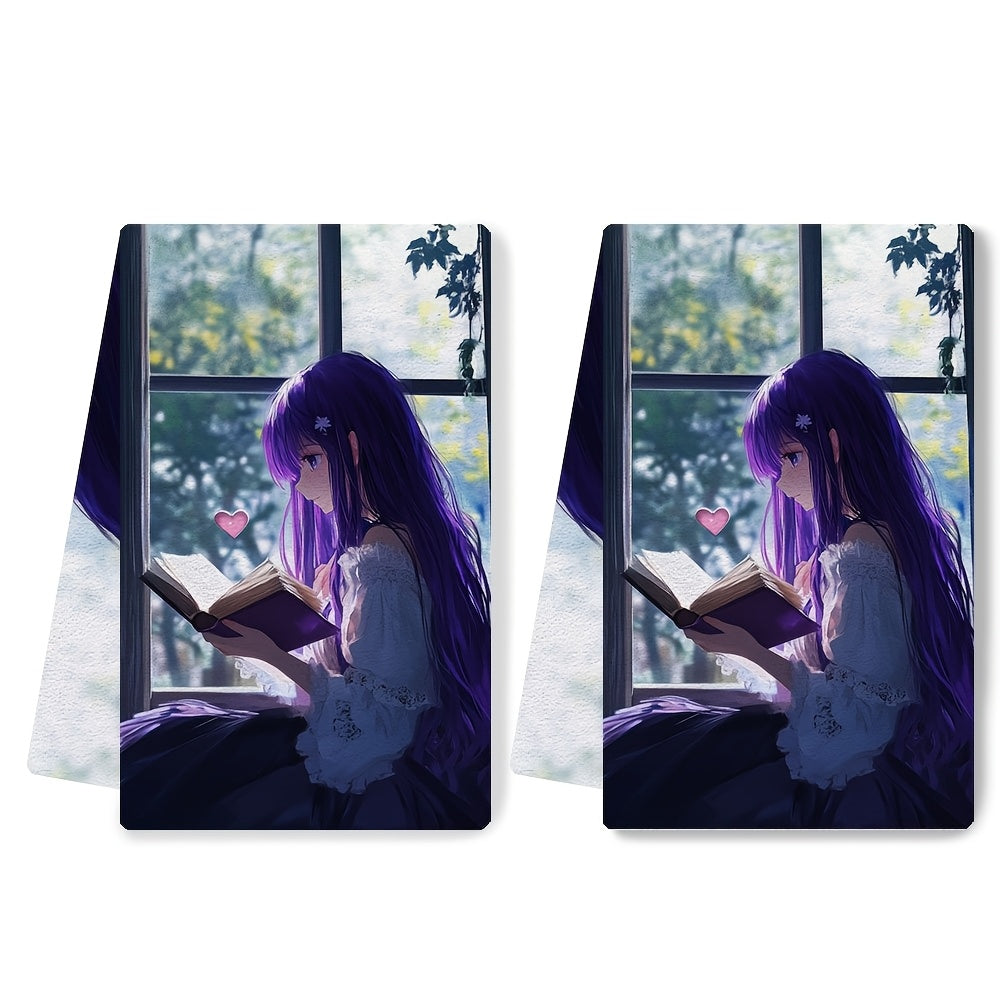 This set includes 2 ultra-soft kitchen towels adorned with an anime girl with long purple hair reading a heart-shaped book by a window. These highly absorbent dish towels are ideal for holiday decoration and can be easily washed in a machine. They