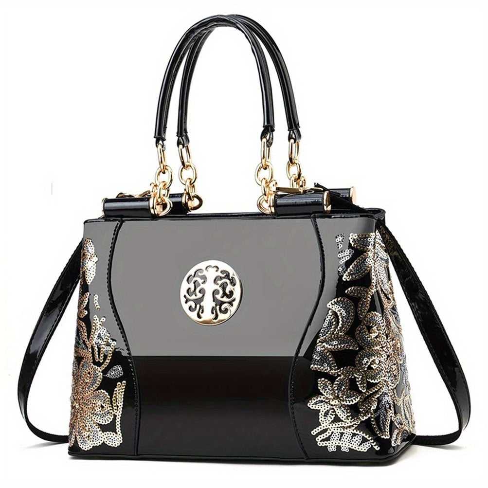 Elegant sequined flower pattern tote bag, classic handbag, trendy shoulder bag for Carnaval parties and music festivals.