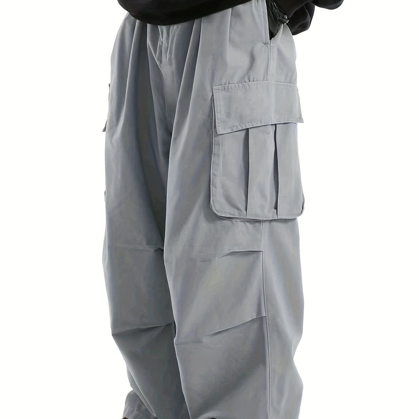 Men's straight leg cargo pants with multiple flap pockets, loose and casual for outdoor activities or work, in streetwear style.