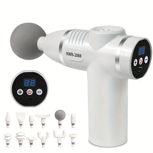 Portable deep tissue massage gun with 12 attachments, rechargeable lithium battery, unscented, USB charging, plastic body.