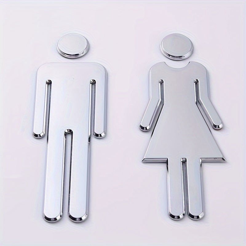 7.9-inch self-adhesive toilet door decal pair featuring painted male and female bathroom signs in Silvery Golden tone, suitable for office business and holiday decoration.