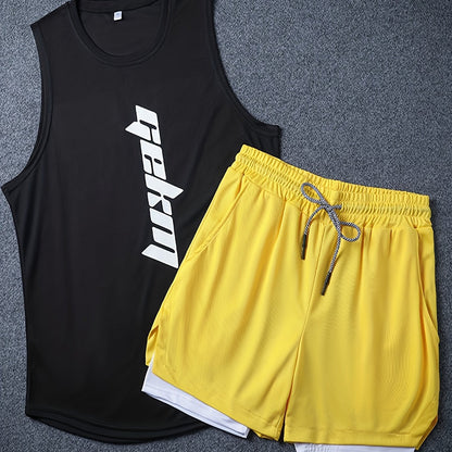 Men's 2-piece outfit with letter print tank top and loose basketball shorts.