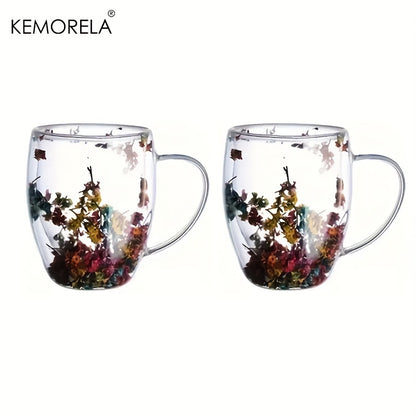 Set of 1/2/4/6, 11.8oz creative double-layer glass mug with real flower filling and handle, 350ml capacity. Made with high borosilicate glass.