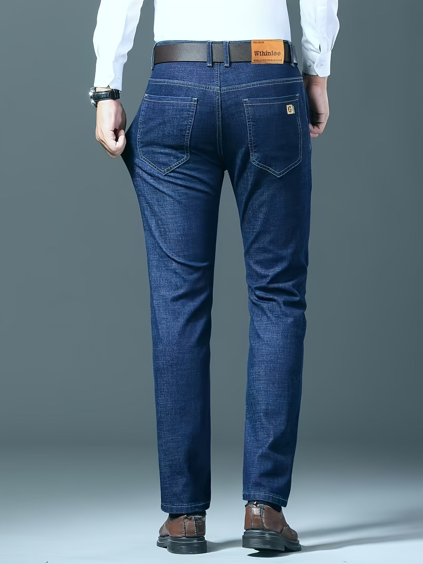 2024 New Style Men's Dark Blue Slim Fit Jeans, Thick Casual Pants for Autumn and Winter, Four Seasons Style.