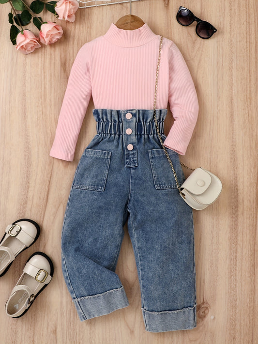 Girl's cotton denim pantsuit includes denim pants and a striped cotton long sleeve top.