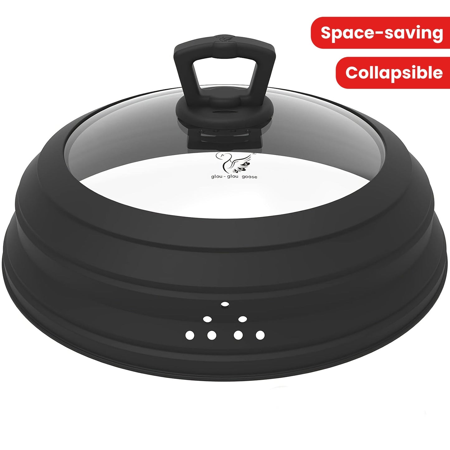 Space-saving kitchen accessory with a ventilated tempered glass lid that fits plates and bowls. Includes anti-scald handle and collapsible design.