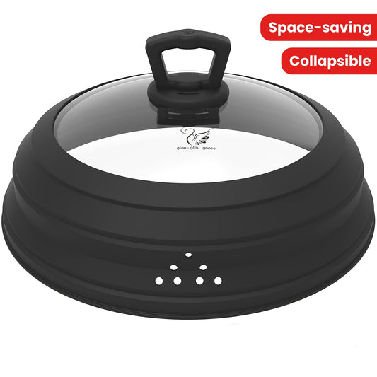 Space-saving kitchen accessory with a ventilated tempered glass lid that fits plates and bowls. Includes anti-scald handle and collapsible design.