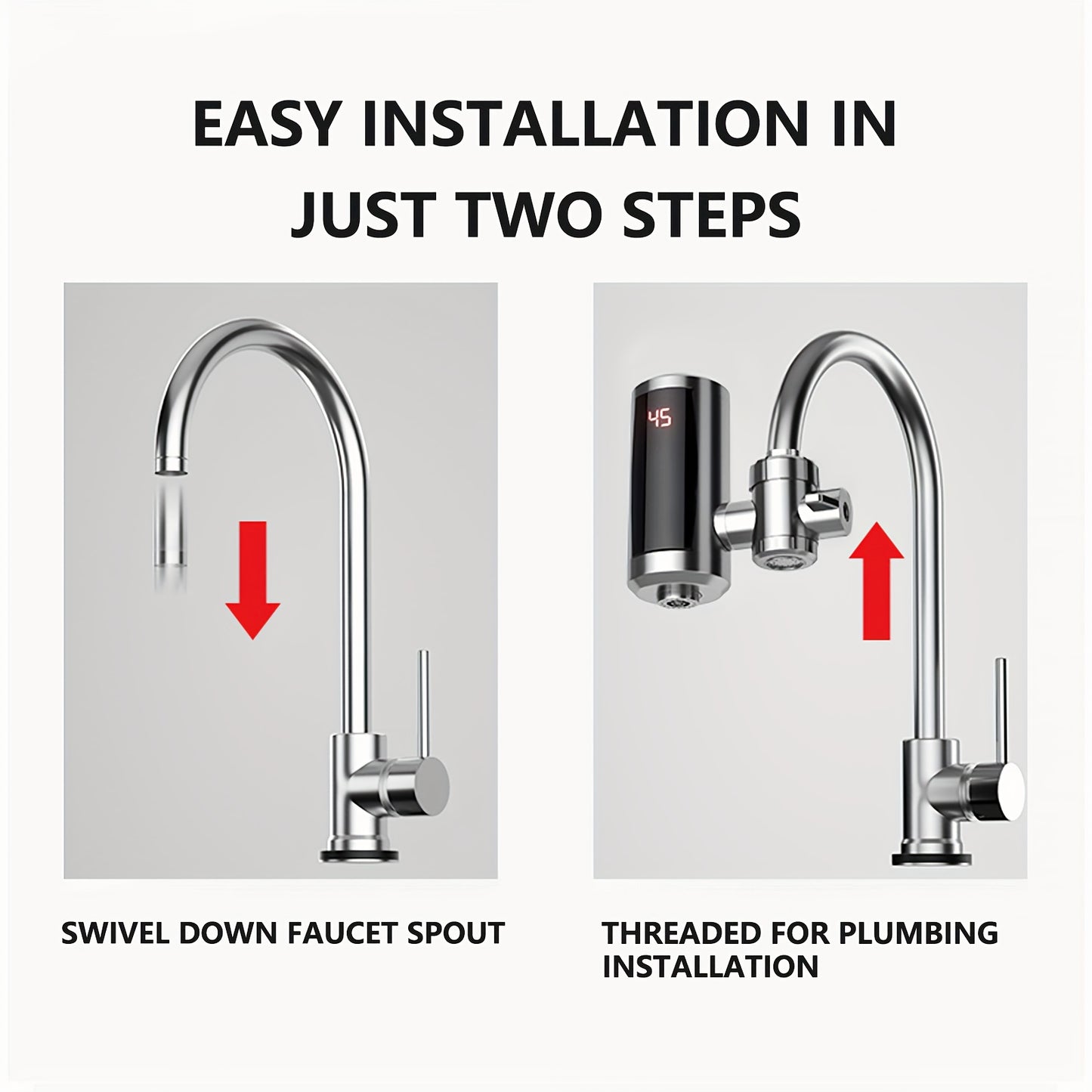 Instant hot & cold water tap with 3000W electric kitchen faucet, plug-in operation, sleek metallic finish with red accents, excellent performance, easy installation, durable metallic body.