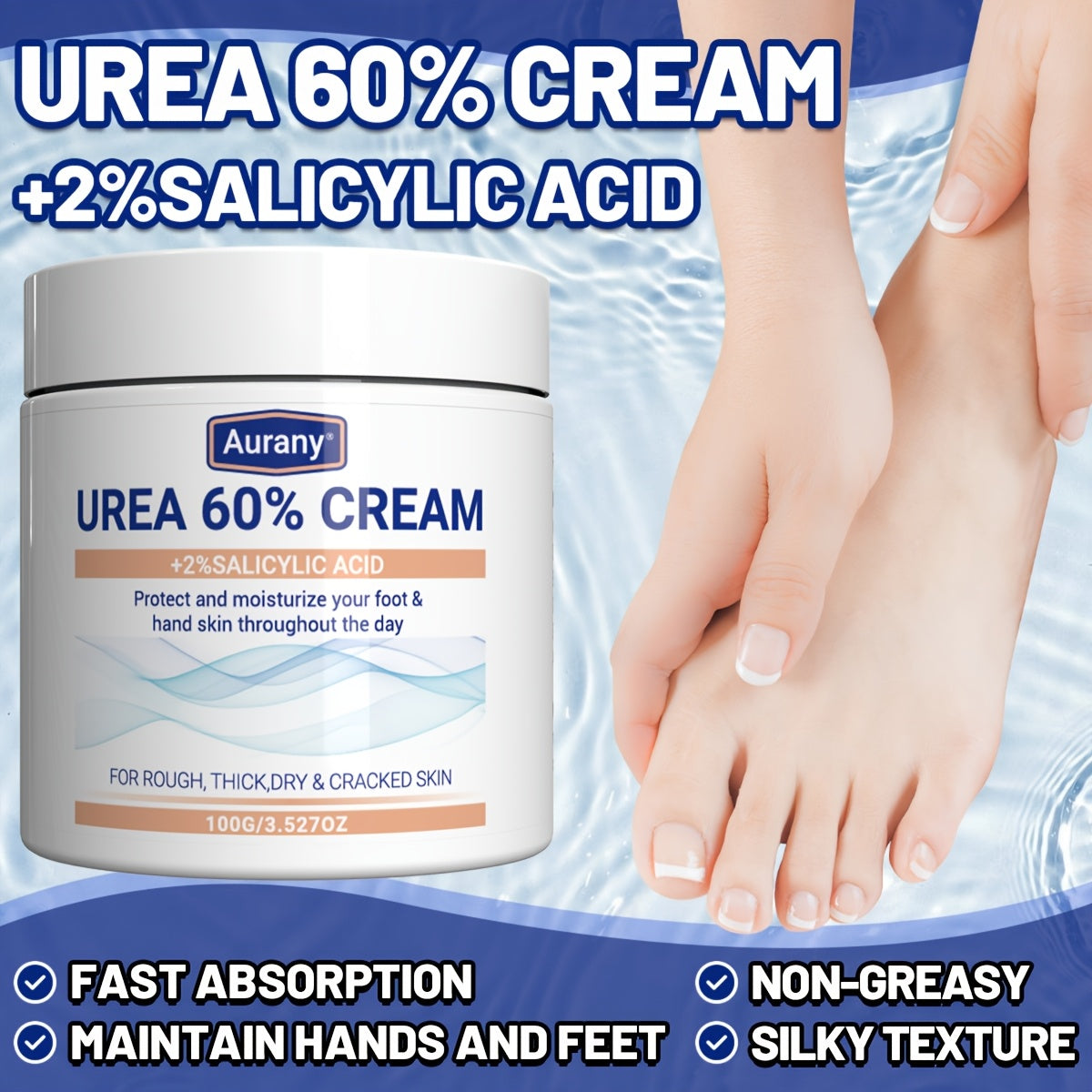 Two pieces of Urea Cream 60% with 2% Salicylic Acid, suitable for dry skin on feet, knees, and elbows. Moisturizes and protects foot skin all day. 100g.