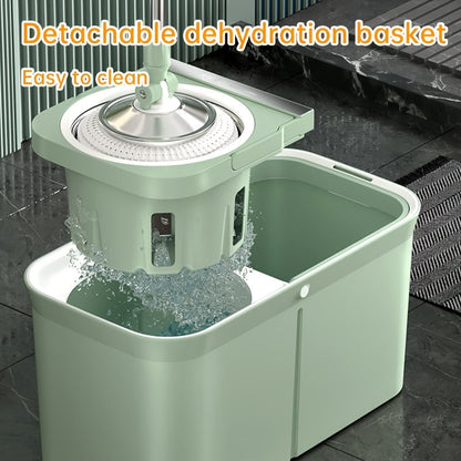 The Rotating Mop Bucket Set with Stainless Steel Rod, Three Mop Cloths, and Hands-Free Washing Design is perfect for households and ideal for use in the living room, kitchen, and bathroom. It is specially designed for those who prefer a more convenient