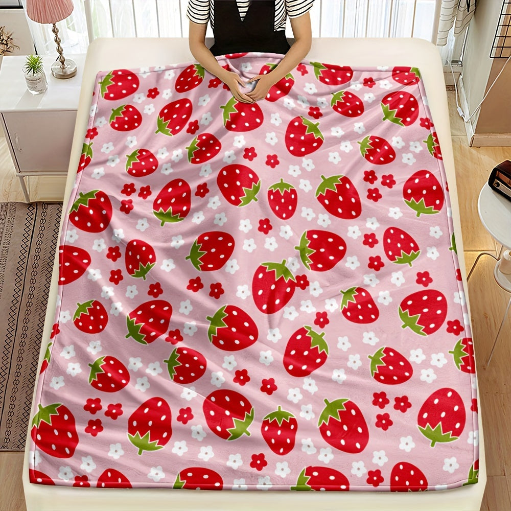 Soft and cozy pink strawberry print flannel throw blanket, perfect for all seasons. Made from 250-300g superfine fiber with digital print design. Ideal for bed or sofa, with no embellishments for a simple and elegant home decor touch.