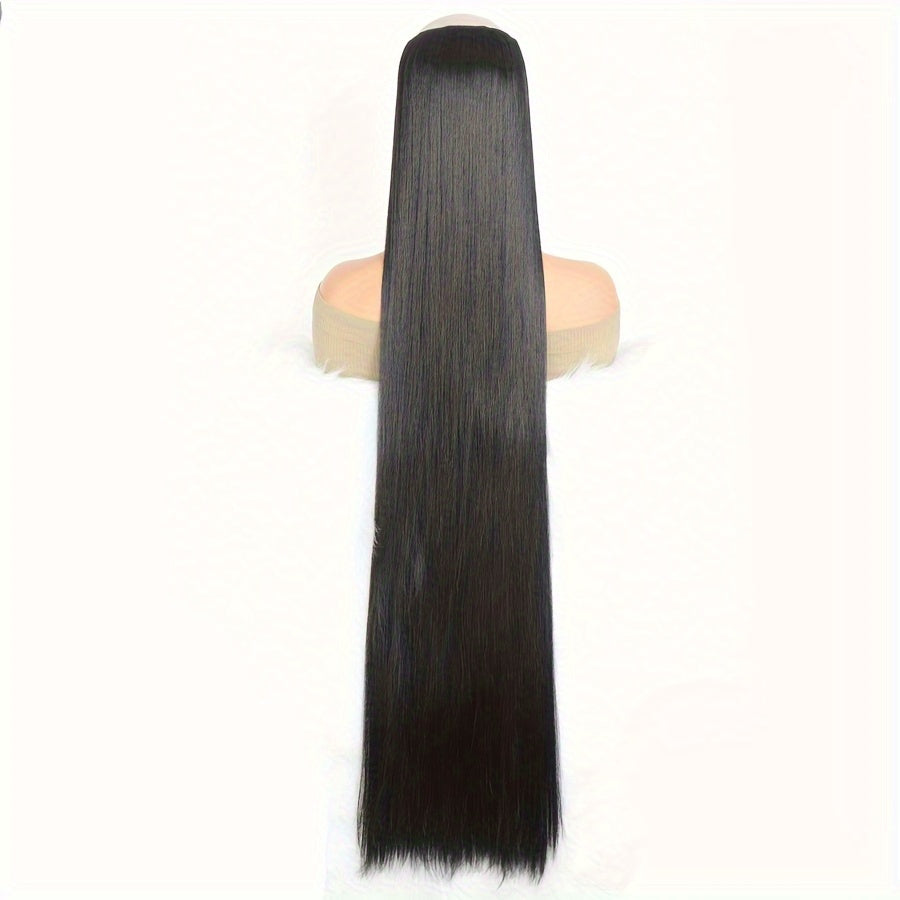 Synthetic Super Long 5 Clip In Hair Extension in Black/Brown/Blonde, extra-long straight hair, one-piece fake hairpiece for women. Available in lengths from 50cm to 100cm, ideal for daily