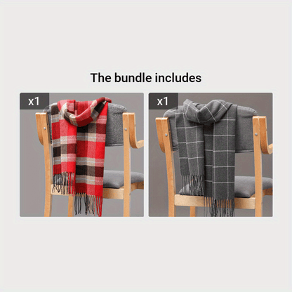 Men's imitation cashmere scarf with tassel detail in a fashion forward plaid pattern, perfect for couples looking to stay warm and stylish during the fall and winter months.