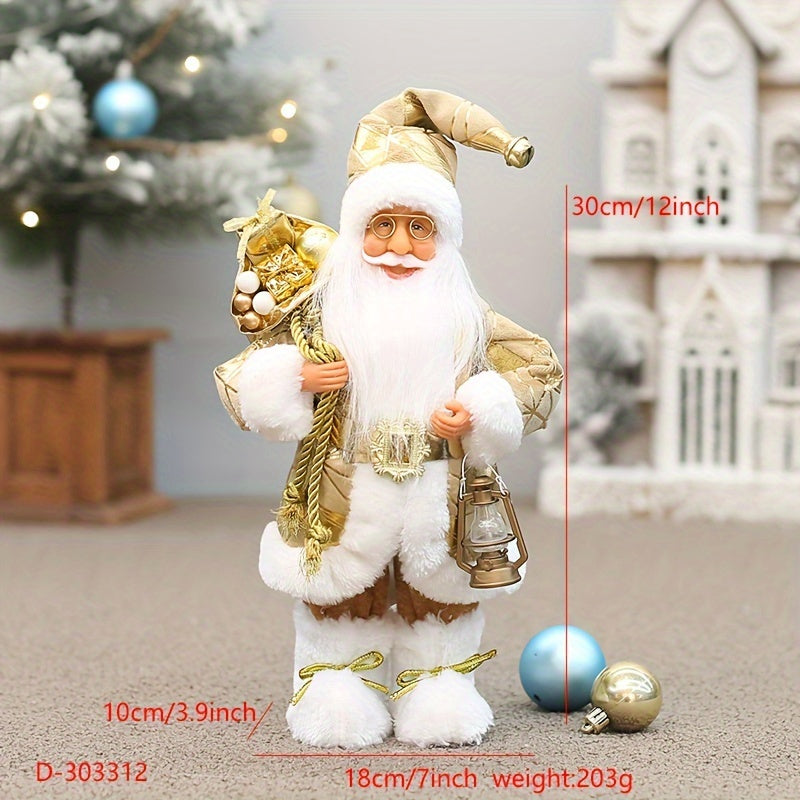 Santa Claus figure decoration with 12-inch height, wearing long fluffy snow boots, perfect for holiday and New Year's decor in homes or businesses.