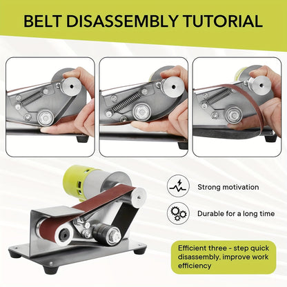 Mini belt sander with 7 adjustable speeds for sharpening knives and grinding metal and wood.