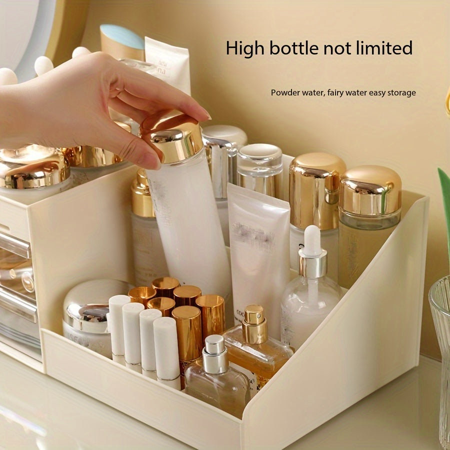 Clear acrylic makeup organizer with drawers for skincare, brushes, and accessories. Ideal for bathroom organization.