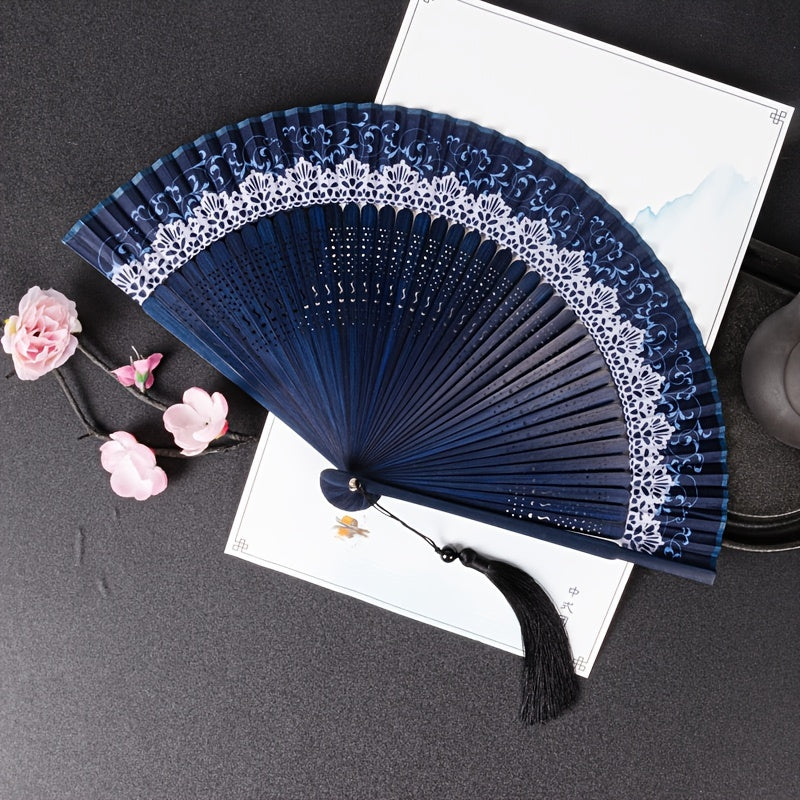 Portable folding fan in traditional Chinese lace style, crafted from bamboo in Japanese design. A unique vintage cultural gift and perfect pocket fan for personal use.