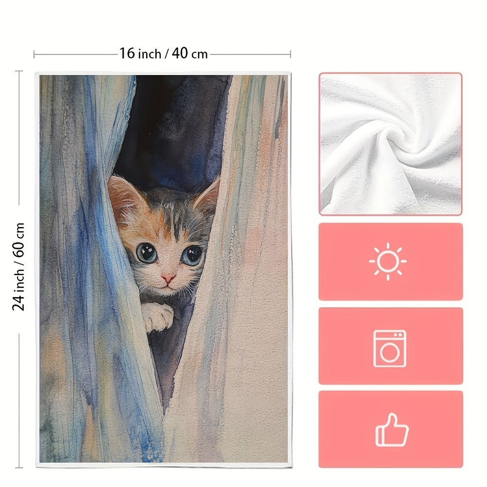 Ultra Soft Kitchen Towels with Peekaboo Kitten Design - Set of 2. These charming towels are highly absorbent and machine washable, perfect for everyday use in your kitchen. The contemporary watercolor art adds a stylish touch to your holiday decor. Each