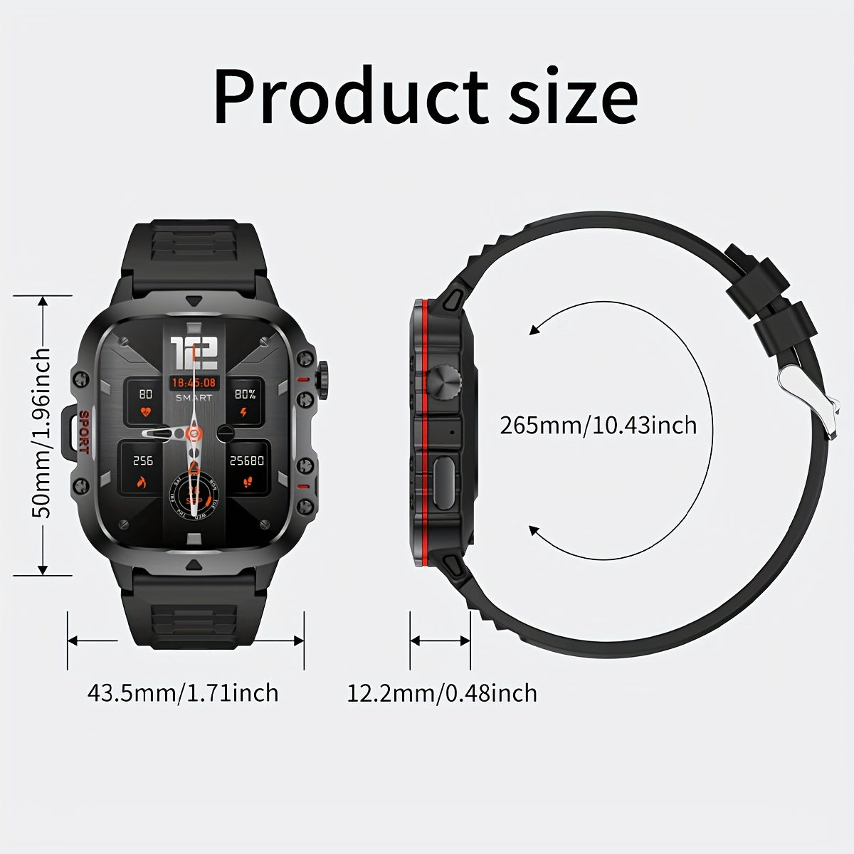 Large-screen smart watch with a 4.98 cm display, a powerful 420mAh battery for extended use, wireless calling capabilities, voice assistant, over 100 sports modes, weather updates, sleep tracking, sedentary reminders, remote camera control, and a