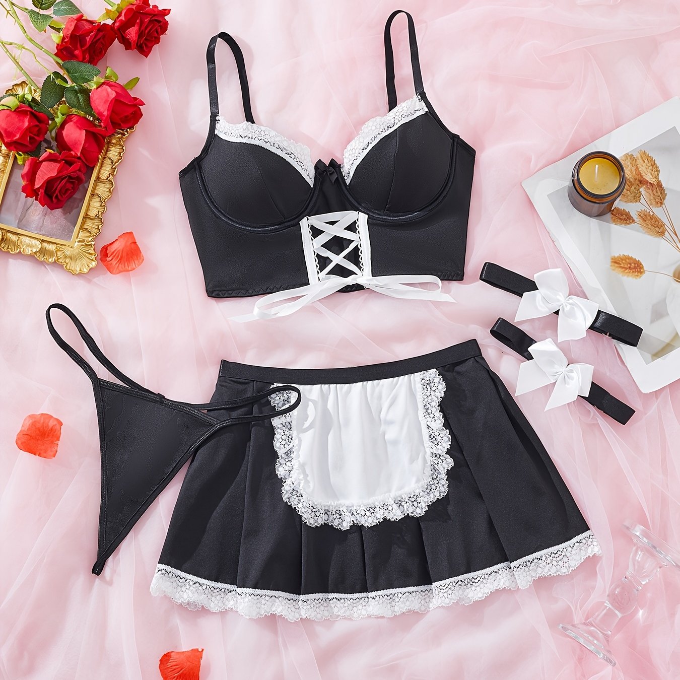 Seductive lingerie set with maid uniform theme, includes bra, short skirt, thong, pantyhose, and ring.