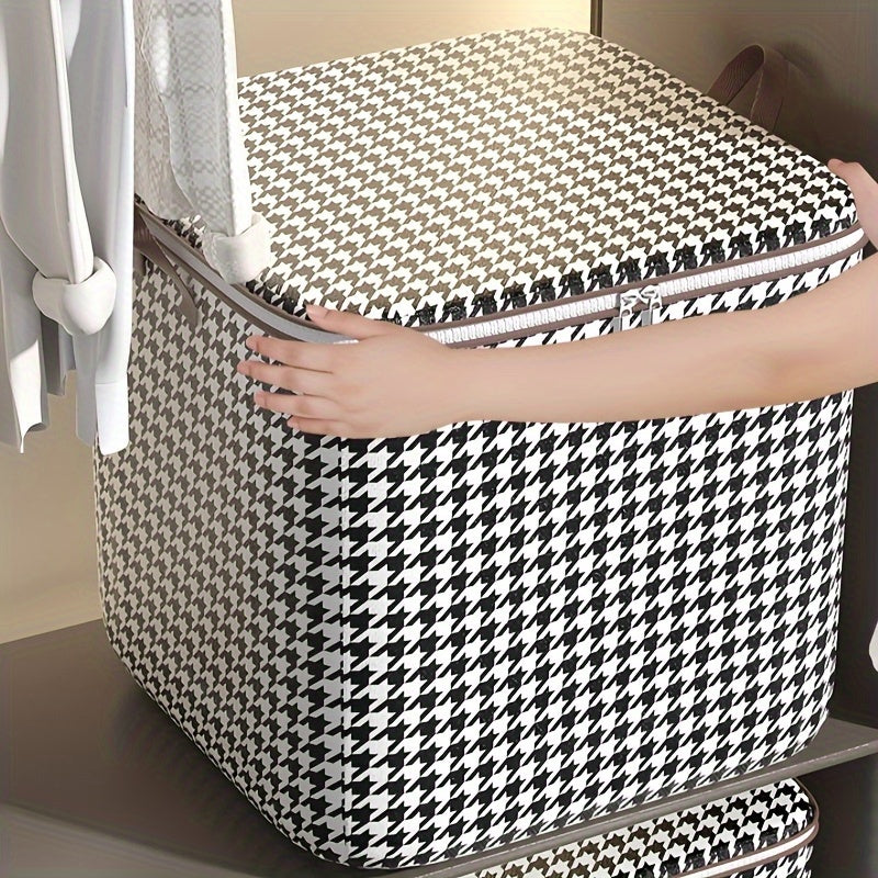 Large capacity houndstooth storage box with faux leather handles. Ideal for organizing clothes, bedding, pillows, and toys at home.