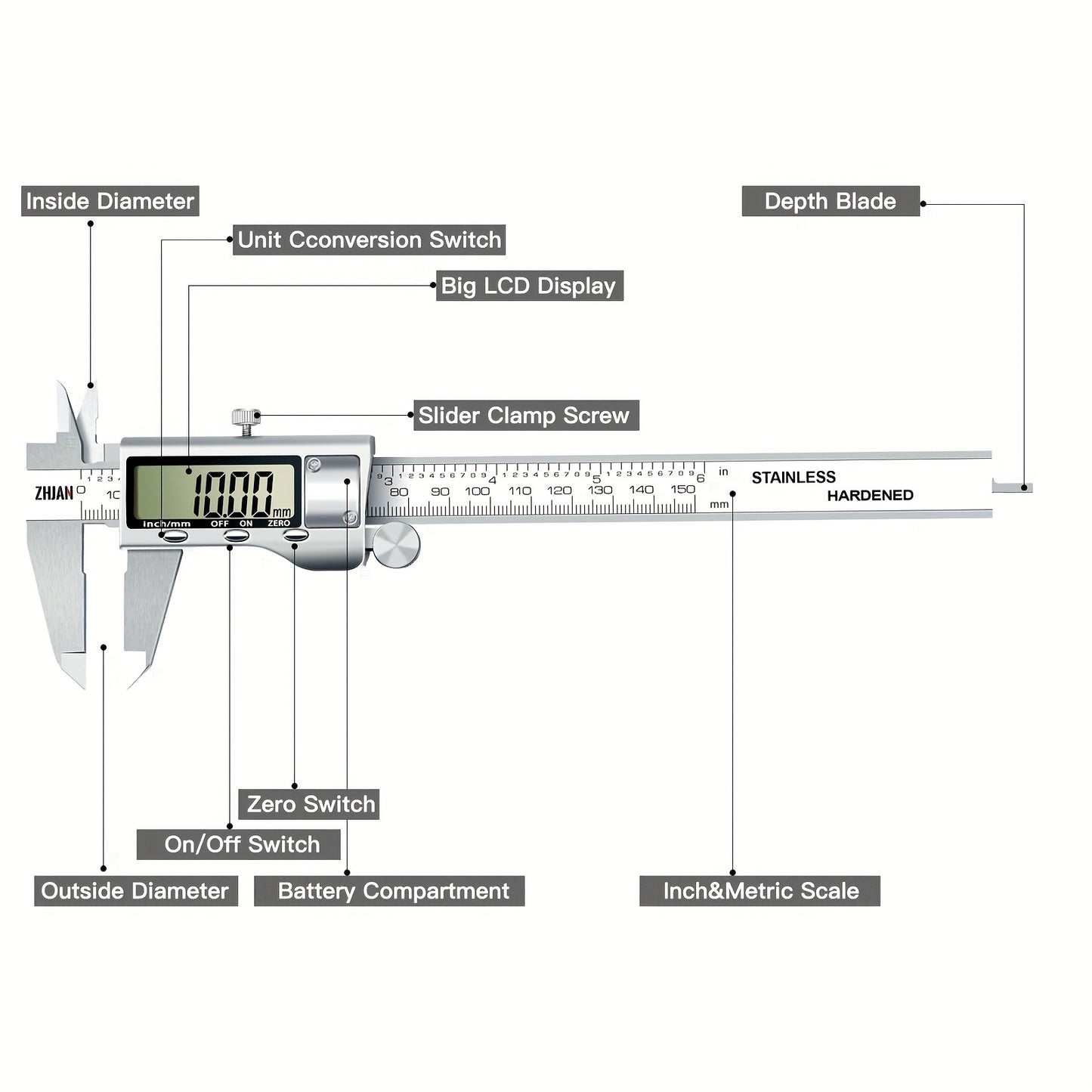 Stainless steel digital caliper with large display, automatic shut-off, and inch/mm conversion. Battery powered with non-rechargeable button battery.