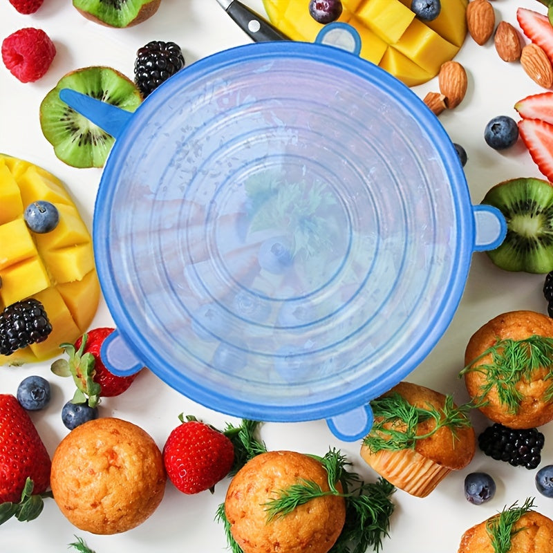 A set of 6/12 smile-shaped elastic lids made from food-grade material. These retractable bowl lids are reusable and perfect for storing fruits, vegetables, and other food items. They are dishwasher safe and can be used as multi-purpose crisper lids for