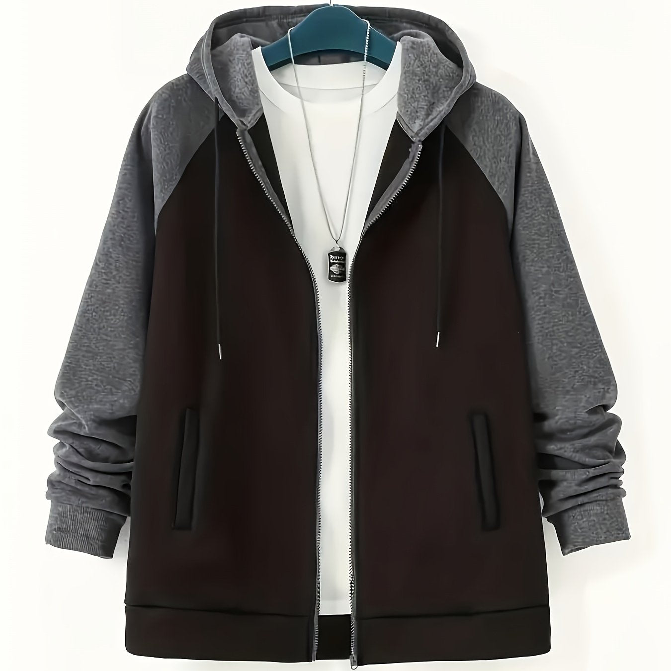 New men's jacket for plus size men with contrast color zipper, plus velvet sweatshirt with hood.