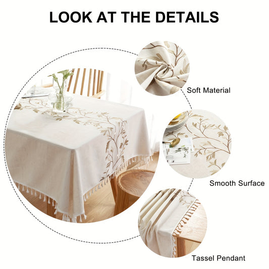 Stylish linen tablecloth with feather embroidery - Durable, easy to clean, and versatile for various occasions - Ideal for picnics, weddings, parties, and restaurants - Rectangular design, machine-washable.