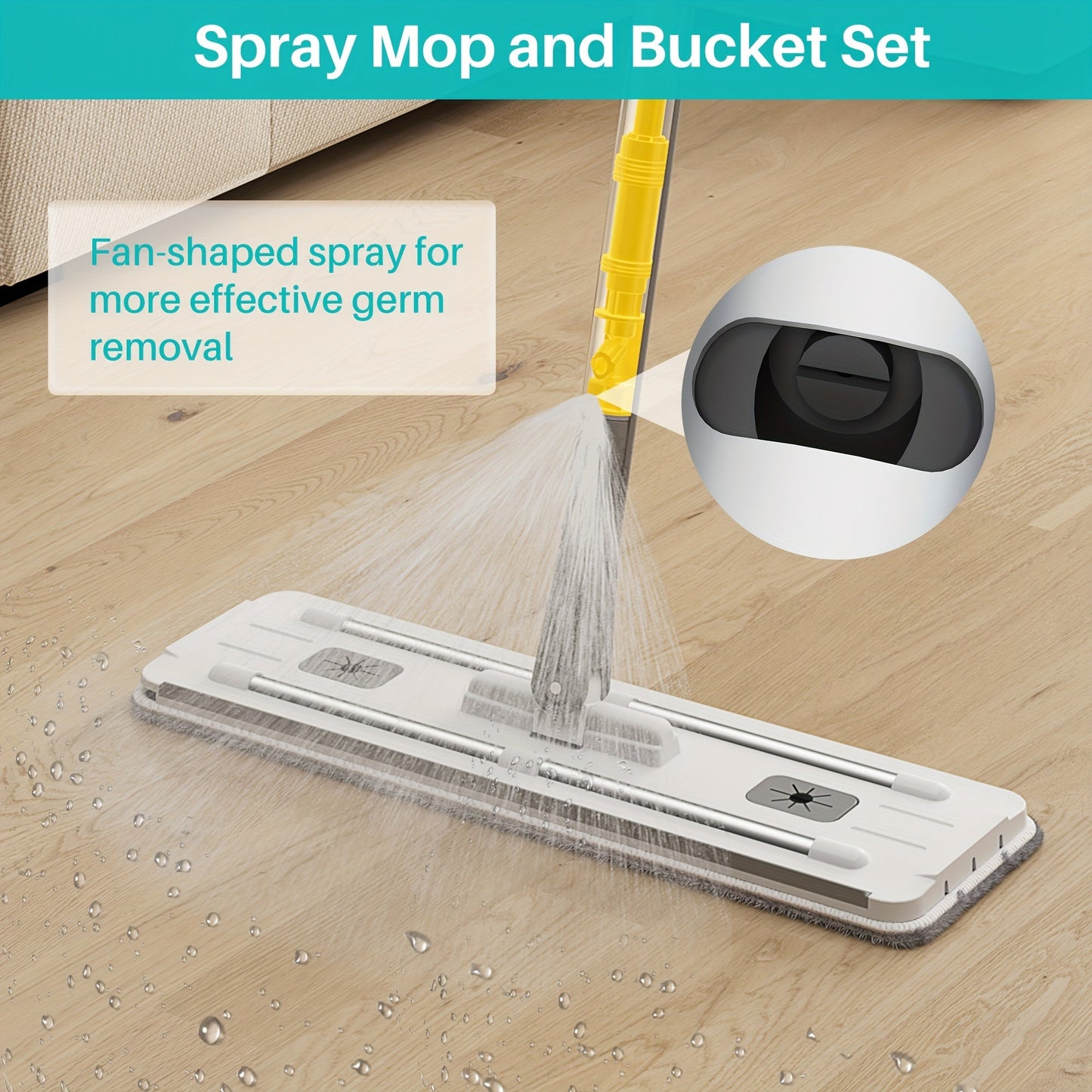 Set of household mop and bucket, comes with two different flat mop styles (regular and water spray), includes 2 mop cloths, scraper, and mop clip. Features 360° rotatable head and 45° automatic rebound. Extra large mop for efficient cleaning, perfect for