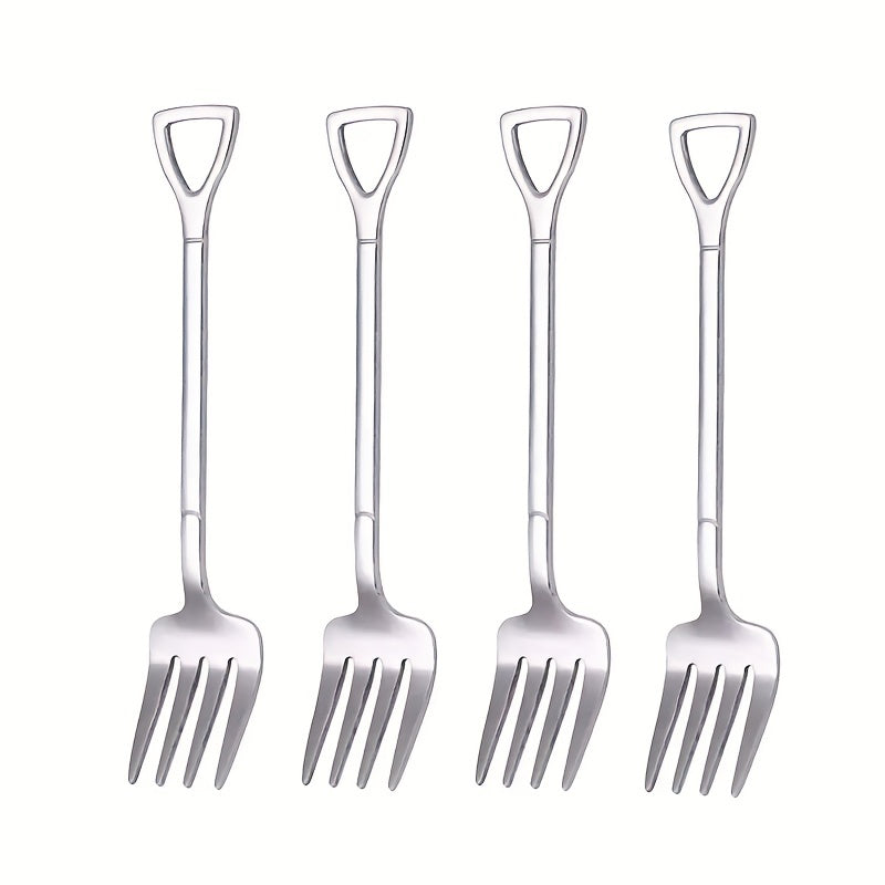 Set of 4 stainless steel fruit, cake, and dessert forks in creative shapes. Dishwasher safe. Perfect for home, restaurant, hotel, parties, gifts, coffee bars, Halloween, Day of the Dead, and Christmas.