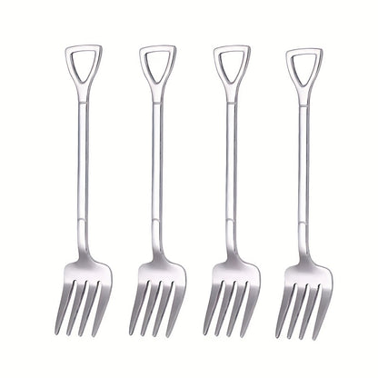 Set of 4 stainless steel fruit, cake, and dessert forks in creative shapes. Dishwasher safe. Perfect for home, restaurant, hotel, parties, gifts, coffee bars, Halloween, Day of the Dead, and Christmas.