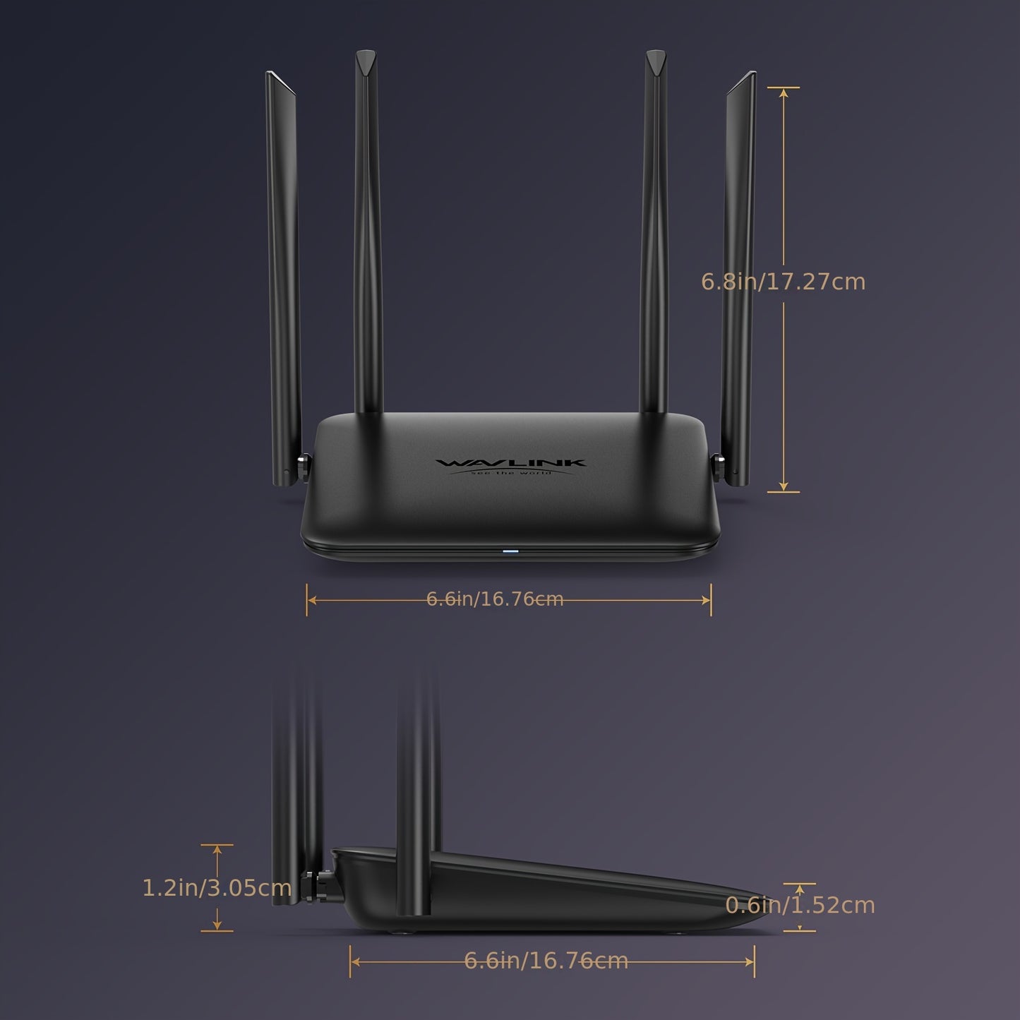 WAVLINK AC1200 Wireless Dual Band Router for home and gaming, featuring 1 x 10/100/1000Mbps WAN port, 2 x 10/100/1000Mbps LAN ports, supports LNA + PA and IPV6.