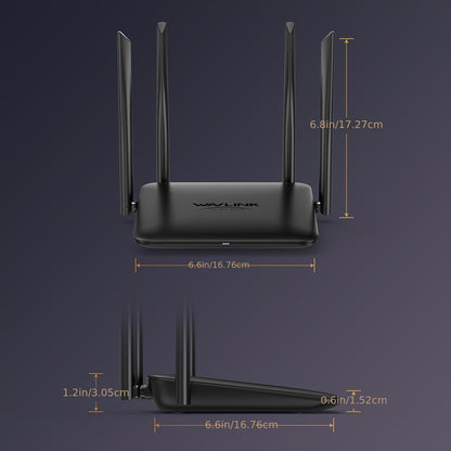 WAVLINK AC1200 Wireless Dual Band Router for home and gaming, featuring 1 x 10/100/1000Mbps WAN port, 2 x 10/100/1000Mbps LAN ports, supports LNA + PA and IPV6.