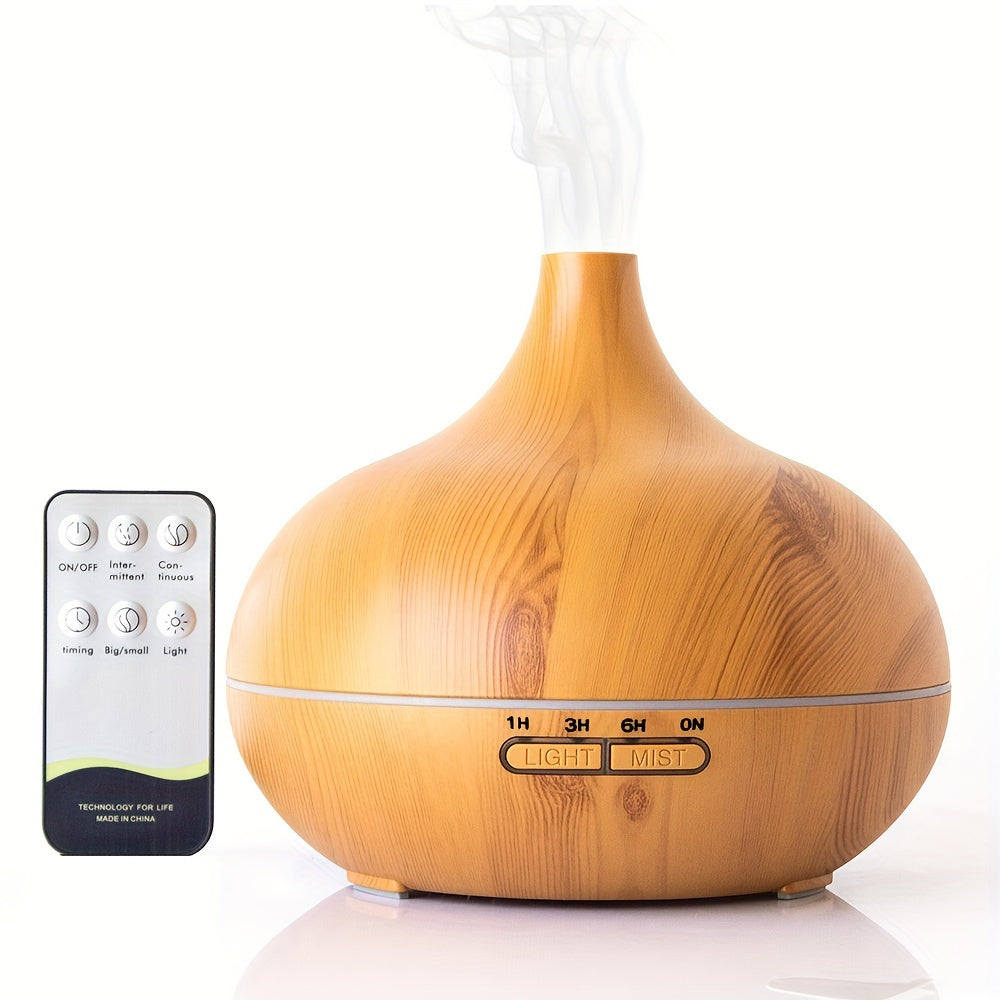 550ml essential oil diffuser with remote control and soundwave technology, auto shut off, 4 timing settings, and 7 LED lights for home or office use.