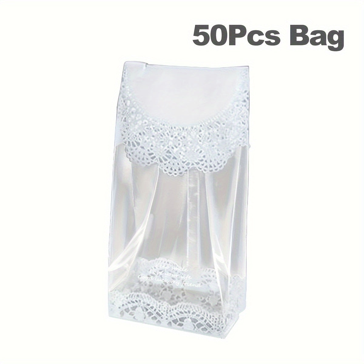 50 reusable produce bags with white lace pattern for food packaging. Features a window for easy viewing, leak proof design for storage, and perfect for kitchen organization and accessories.