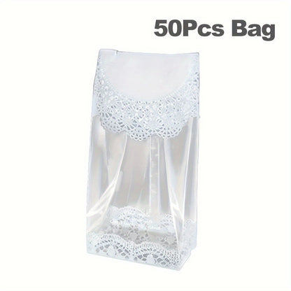 50 reusable produce bags with white lace pattern for food packaging. Features a window for easy viewing, leak proof design for storage, and perfect for kitchen organization and accessories.