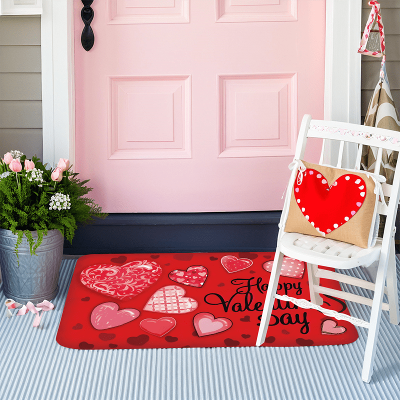 Valentine's Day Welcome Doormat in Love Theme, Crafted from Non-Slip Polyester Flannel, Easy to Wash in Machine, Resistant to Stains & Water, Low Pile Design, Machine-Made, Perfect for Entryways & Bathrooms, Ideal Valentine's Day Gift.