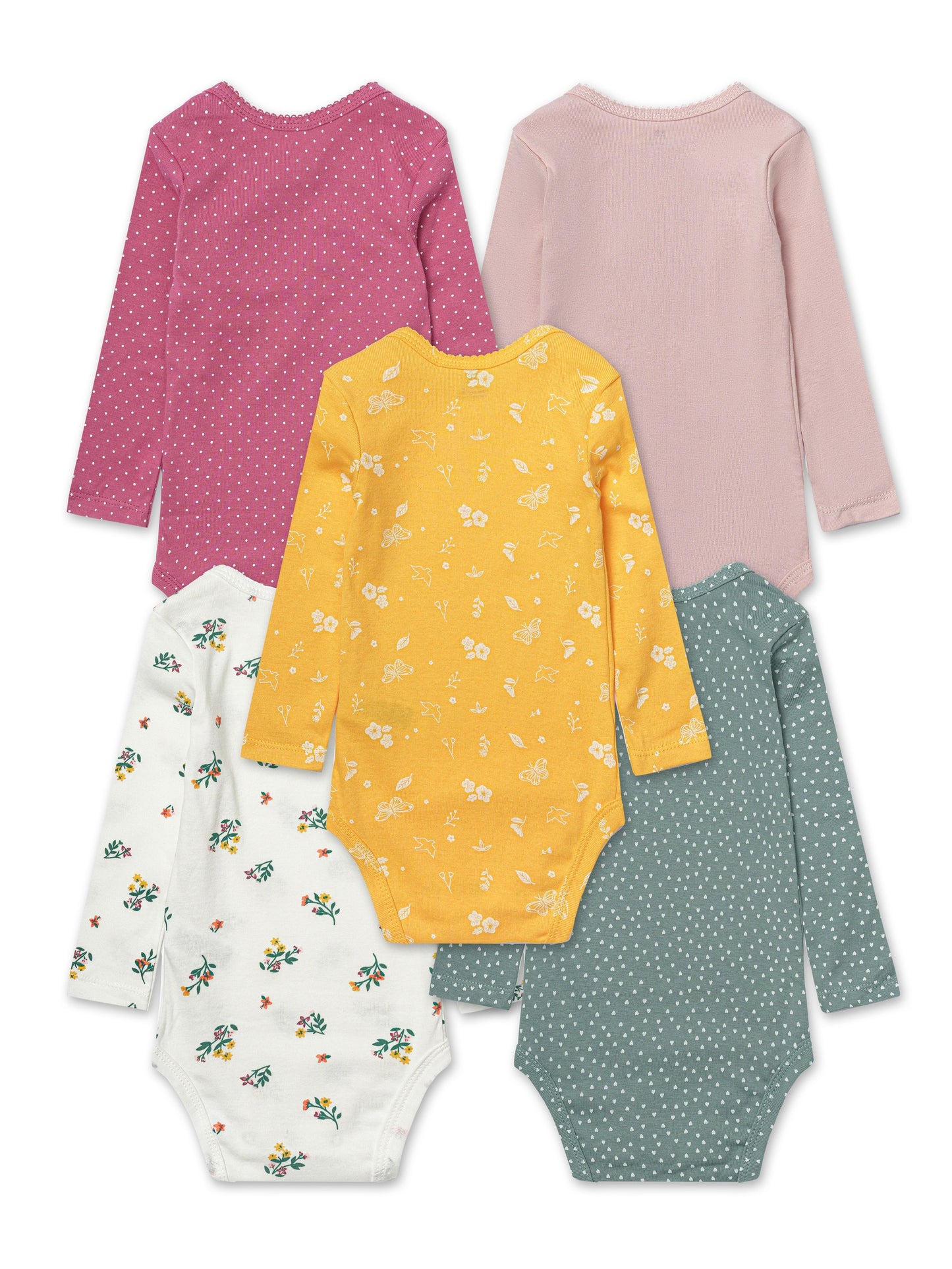 5 baby triangle bodysuits with cartoon pattern.