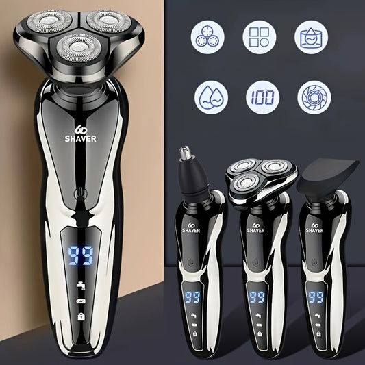 Men's 3-in-1 Electric Shaver with Nose Hair Trimmer, USB Rechargeable, Portable, 3D Floating Blade, Digital Display