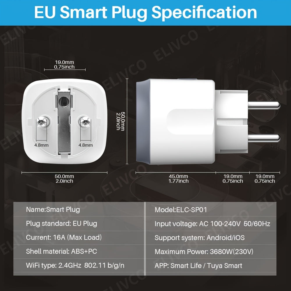 1pc Elivco WiFi Smart Plug for European Standard with App & Voice Control via Google Assistant/Alexa, Power Monitoring, Non-Waterproof, Flush Mount, 110V/220V Compatible, Wi-Fi Enabled.