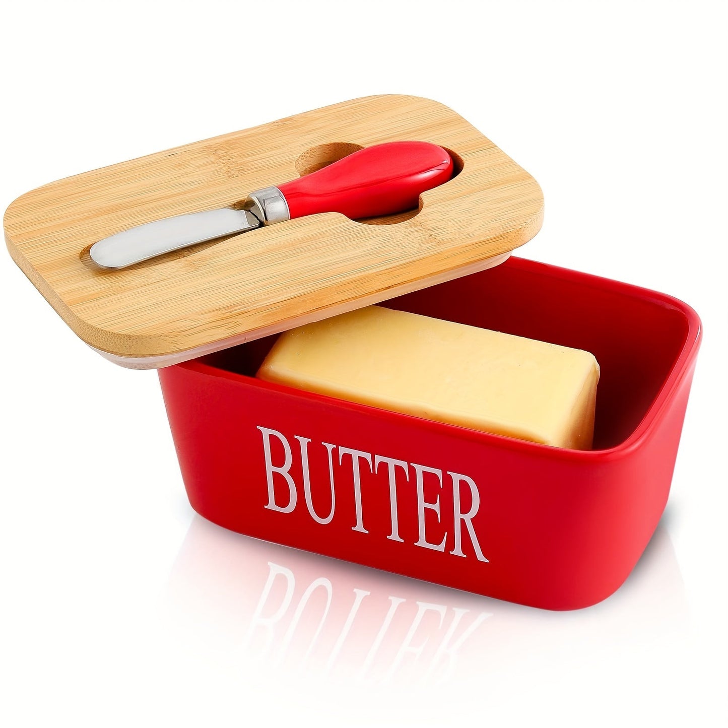 A complete set including a butter dish with a bamboo lid and butter knife, this large ceramic butter box is perfect for kitchen baking and gifting. It serves as an airtight butter keeper container for countertop or refrigerator storage. Ideal for home