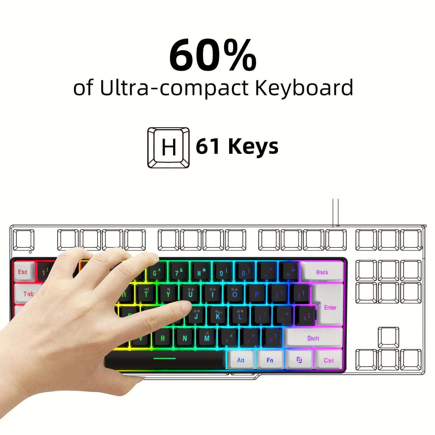 SNPURDIRI 60% Mini RGB Gaming Keyboard with 61 keys, RGB backlight, USB powered. Ideal for PC/Mac gamers, typists, and travel.