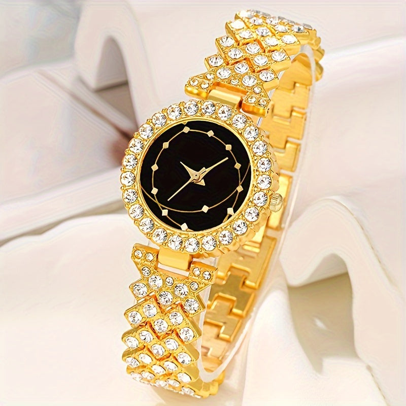 Elegant 6-piece women's wristwatch set features simple round alloy case with rhinestone accents and pointer display. Includes matching fashion accessories.