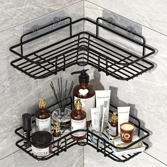 No-drill corner shower caddy made of rust-resistant wrought iron for bathroom storage.