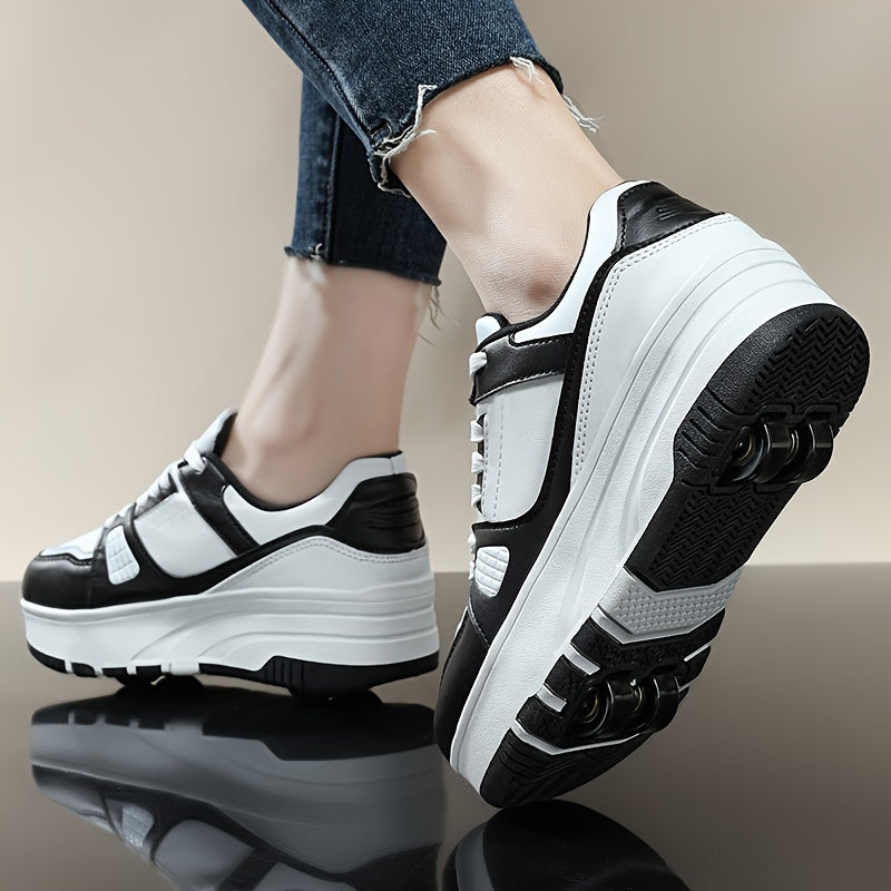 Boys' roller skate shoes with non-slip dual wheel, lace-up design and durable buckle straps in black and white, for all seasons.